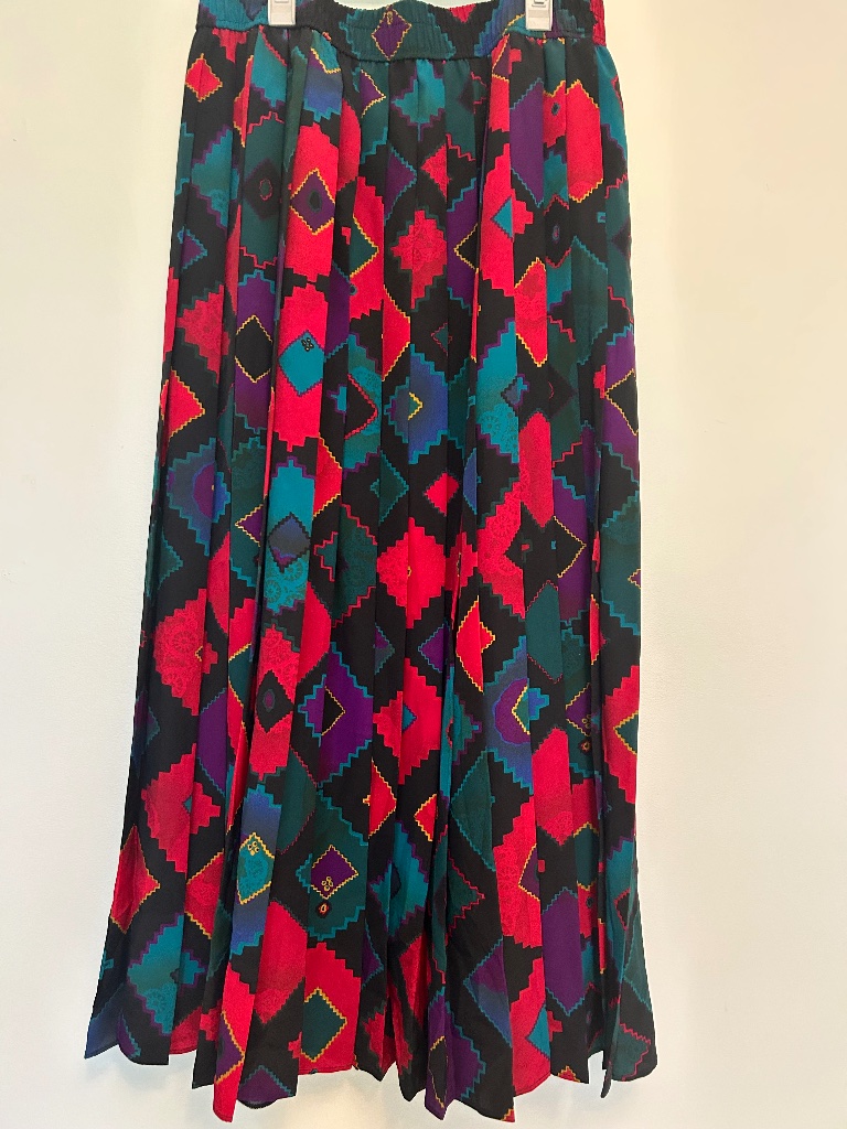 Vintage Lucia Geometric Abstract Pleated Midi Skirt Multicolor 80s Retro Boho